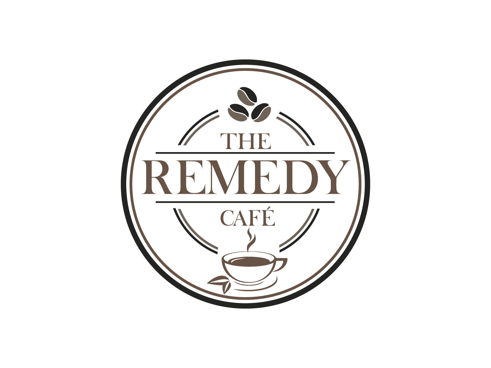 Logo of coffee beans and coffee cup with the words "The Remedy Cafe"